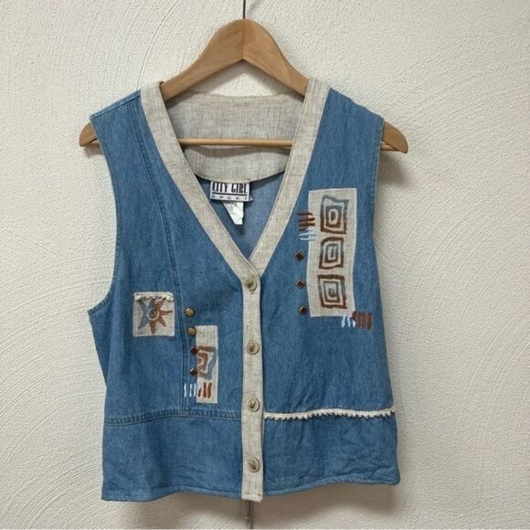 Vintage City Girl Sport Western Denim Vest Sz 12 - Picture 1 of 6